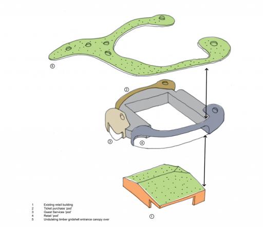 Exploded sketch of the building's functional zones