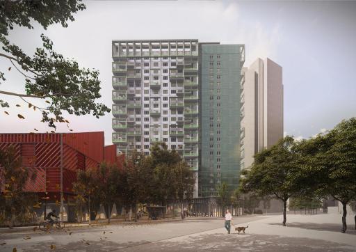 View from Carpenters Road of refurbished tower and new community centre