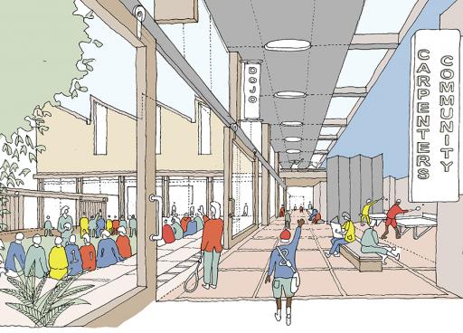 Concept sketch of central north/south route linking all facilities at ground level