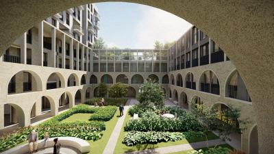 Sheltered courtyard garden bounded by cloistered walkways